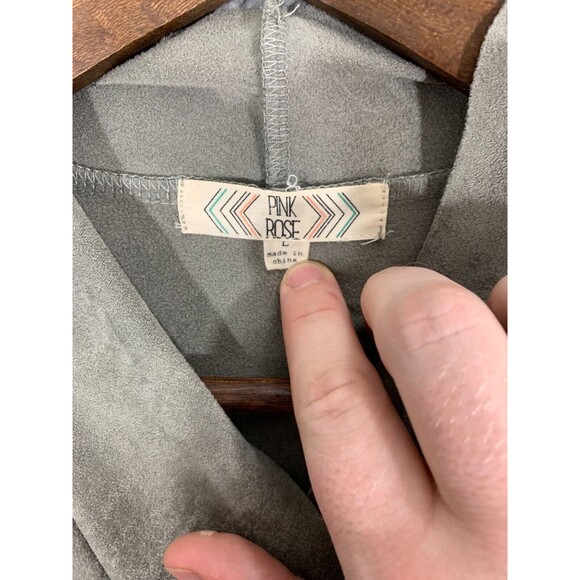 Large (L) Pink Rose Gray Faux Suede Microfiber Fringe Kimono Cardigan Vest - Picture 5 of 16